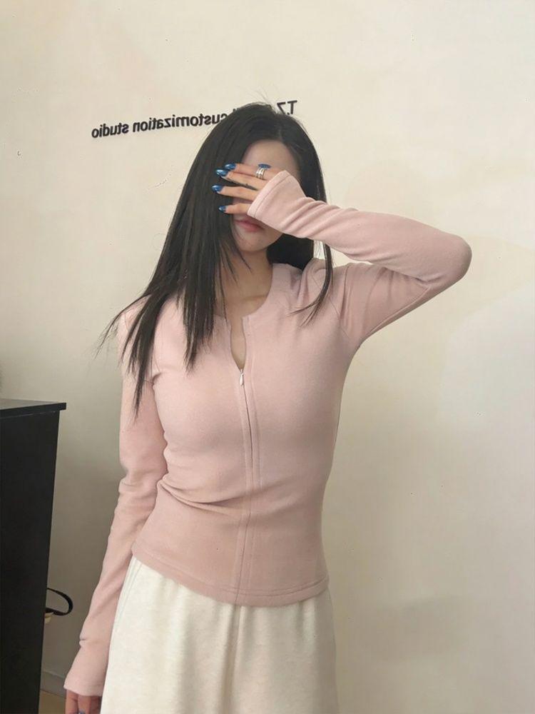 Spicy Girl Slimming Half-Zip Long-Sleeve T-shirt for Women - Autumn/Winter