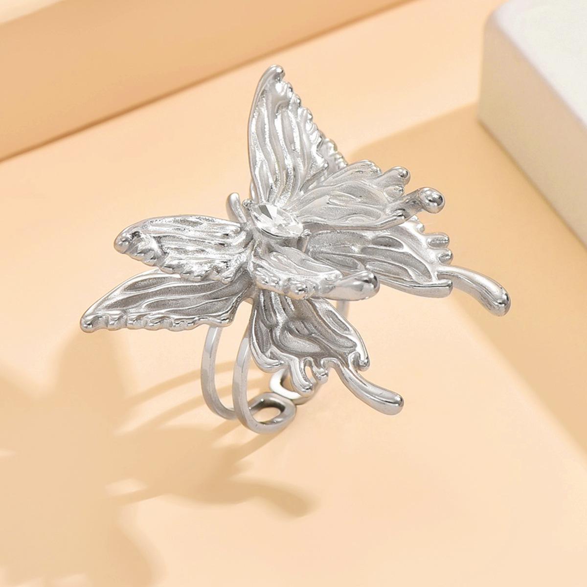 Elegant Three-Dimensional Double-Layer Adjustable Butterfly Ring with Diamond Inlay for Women