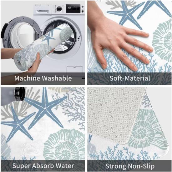 Coastal Beach Bath Mats for Bathroom,Nautical Ocean Seashells Starfish Absorbent Bath Rug Non-Slip Floor Rug Carpets Door Mat Washable Area Rugs for
