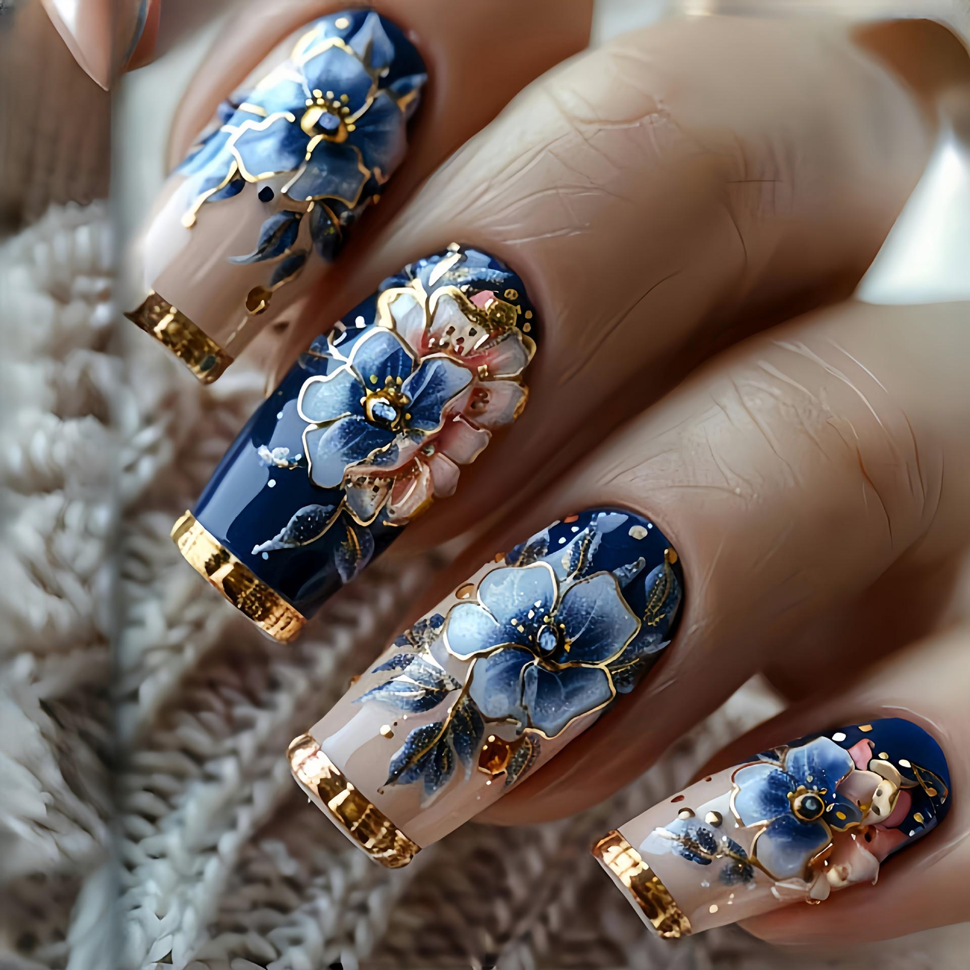 Elegant Dark Blue Floral Nail Tips - Retro Style with Gilded Accents