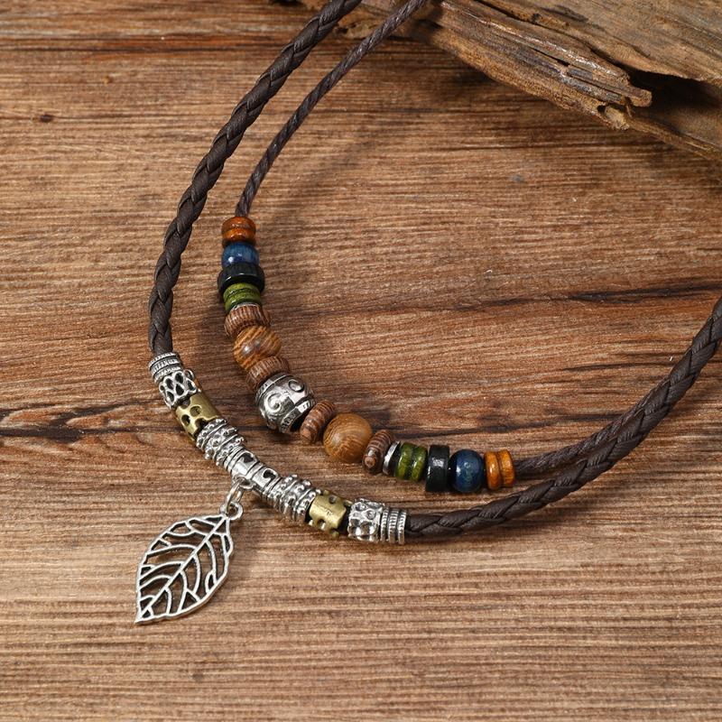 Literary Retro Butterfly Alloy Multi-layer Wooden Beads Knotted and Pullable Hand-woven Necklaces, Jewelry