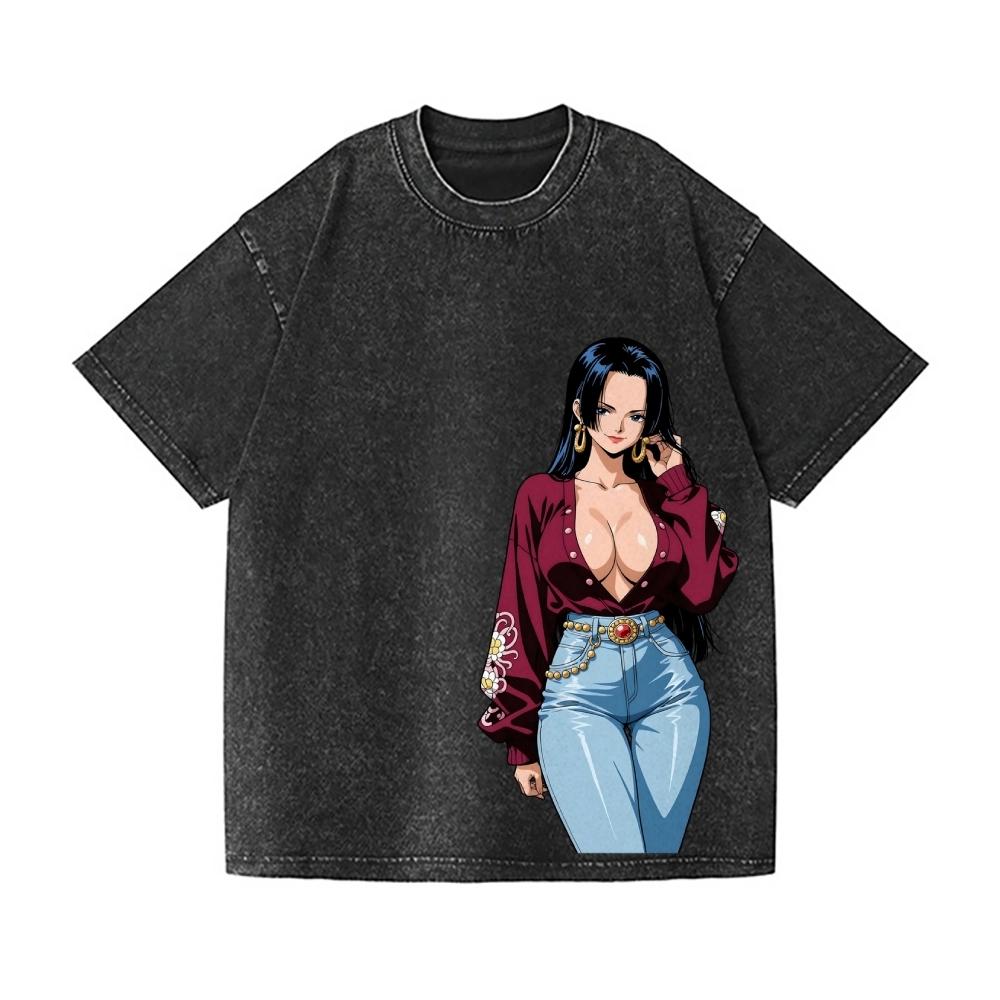 

ONE PIECE Boa Hancock Vintage Wash Japanese Design T-Shirt High-quality Streetwear Men s Clothing Women T Shirt S