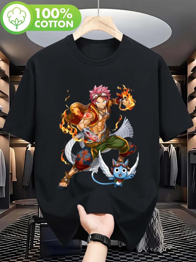 2026 Spring Festival Mens Lightweight Tshirt Elf Anime Tail Design Casual Black Short Sleeved Top