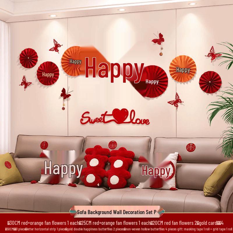 Wedding Garland Set for Living Room, Sofa, and Bedside - Bride & Groom Double Happiness Wall Decoration