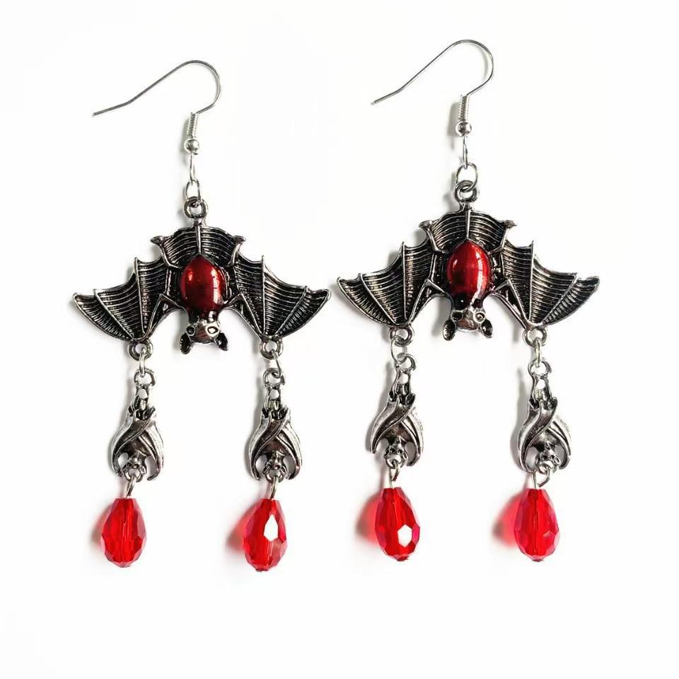 Dark Gothic Red Vampire Bat Blood Necklace & Earring Set - Three Pieces
