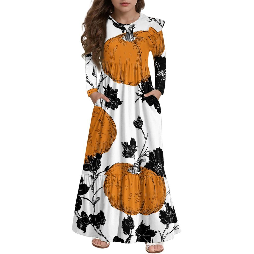 Robe à volants étagés pour filles Jour d'Halloween - Maxi imprimée à manches longues avec poches