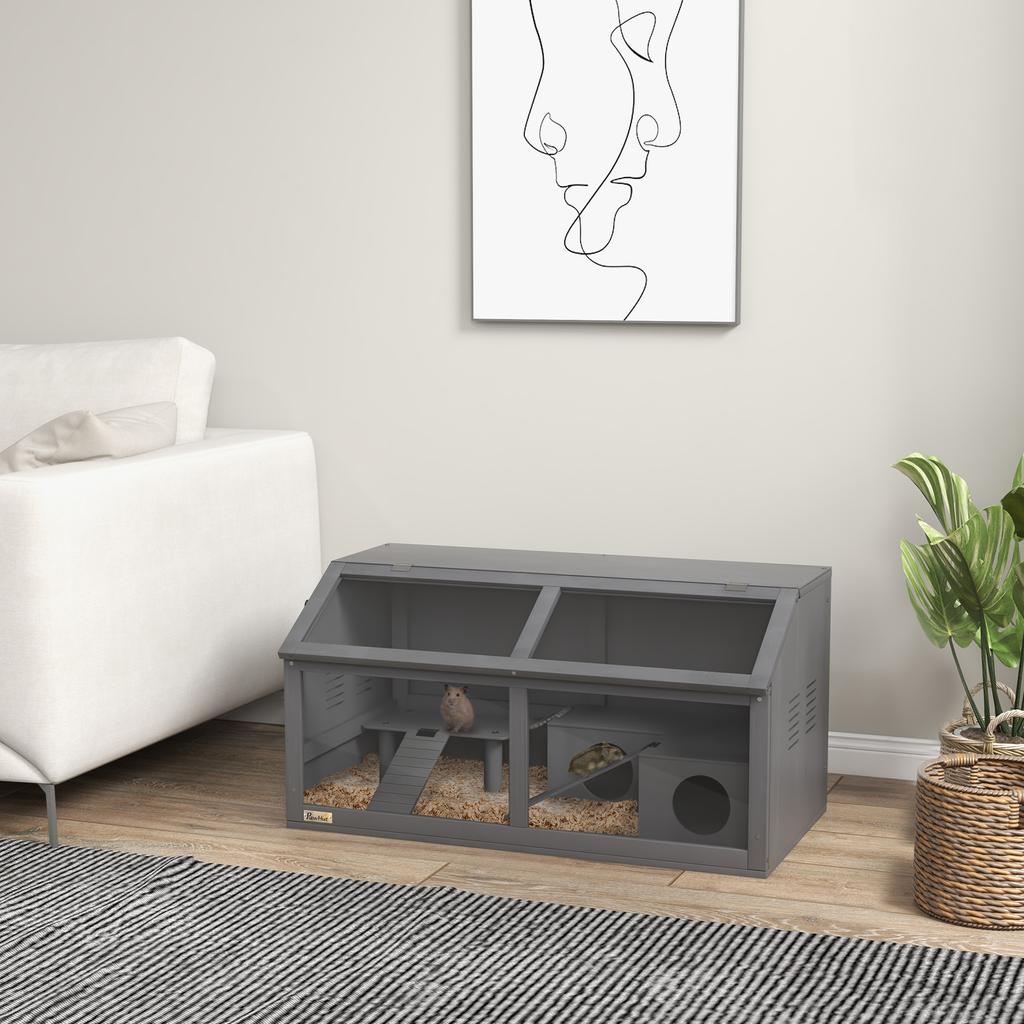Hamster Cage, Wooden Small Animal Cage for Gerbils, Mice W/ Suspension Bridge, Openable Top, Hut, 85 X 45 X 44cm - Grey