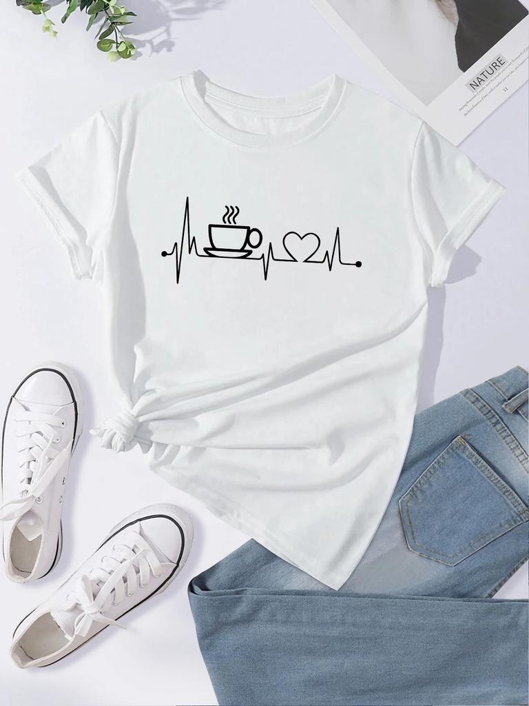 Coffee Print Crew Neck T-shirt, Casual Loose Short Sleeve Fashion Summer T-Shirts Tops, Women's Clothing