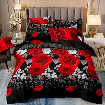 Bedding 3D Rose Flower Digital Printing Quilt Cover Pillowcase Three-Piece Set