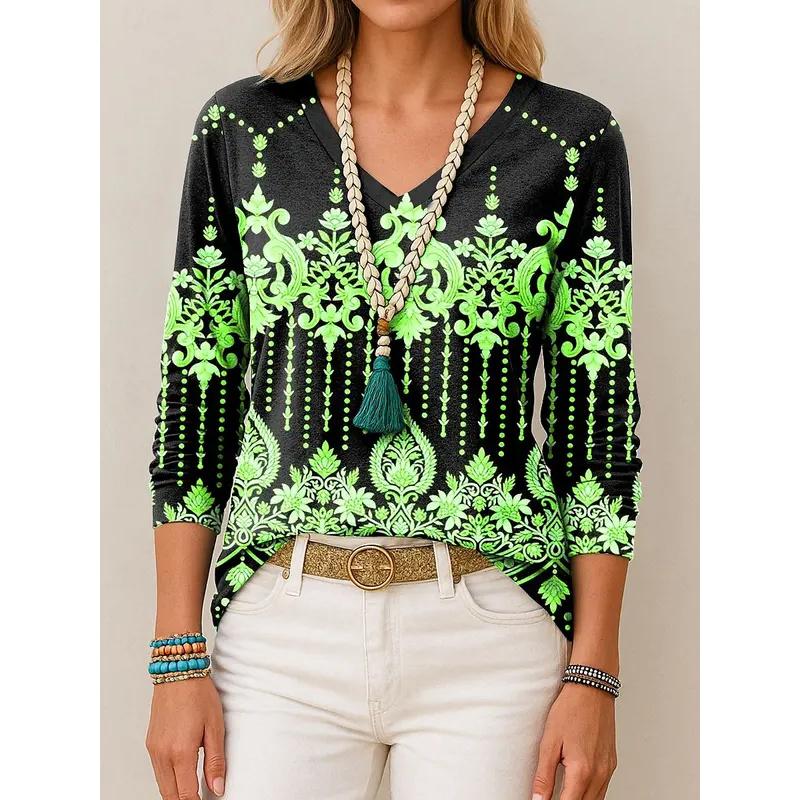 Tunic Graphic Paisley V-Neck Long Sleeve Women's T-shirts Elegant Trendy Vintage T-shirts Regular Pullover Tops