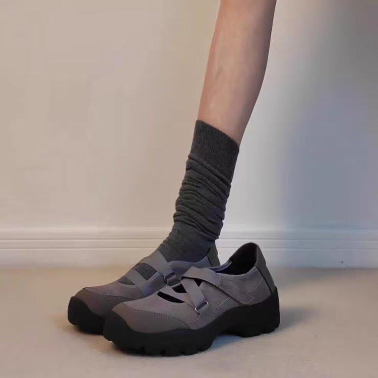 Sheepskin version~ retro Velcro round head Mary Jane shoes children's light mouth thick heel single shoes platform casual sports shoes