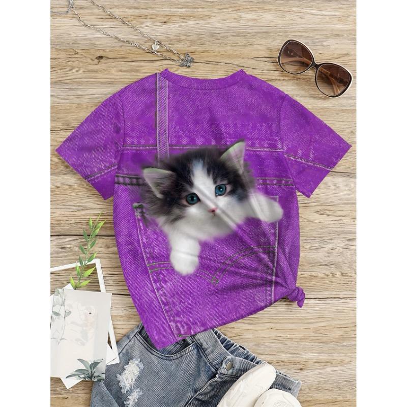 Summer Girl T-shirt 3D Cute Cat In Pocket Purple Print Round Neck Short Sleeved Top