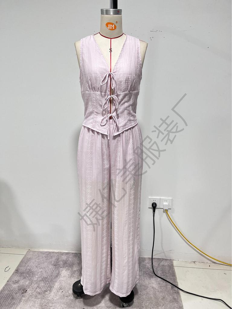European & American Sleeveless Lace-Up Vest and Wide-Leg Pants Solid Color Two-Piece Set