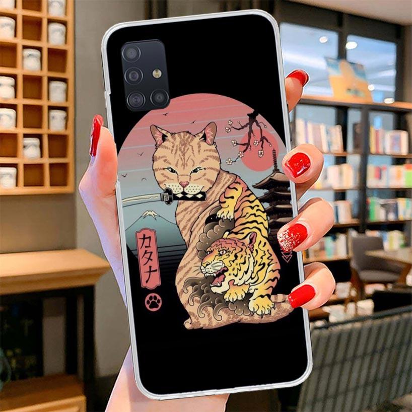 Ramen Sushi Samurai Tattoo Cat Cover Phone Case For Samsung Galaxy A12 A22 A32 A52 A72 A02S Phone Case Note 20 Ultra 10 S10 Plus