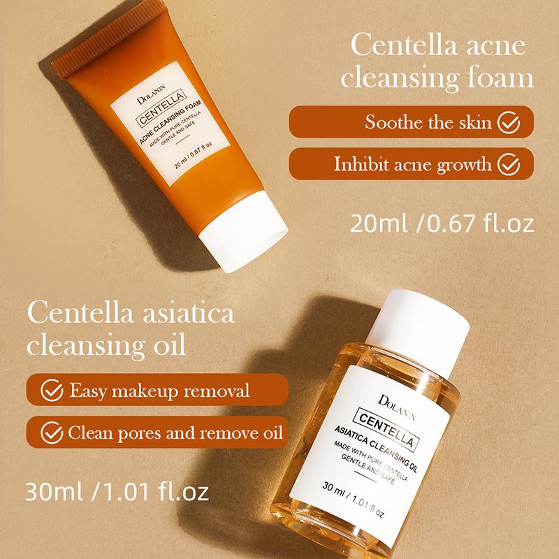 DOLANJN 5-teiliges Hautpflege-Set Centellasun: Sonnenschutz-Reparaturserum, Tonisierendes Gesichtswasser, Asiatica Reinigungsöl, Akne-Reinigungsschaum & Beruhigende Creme