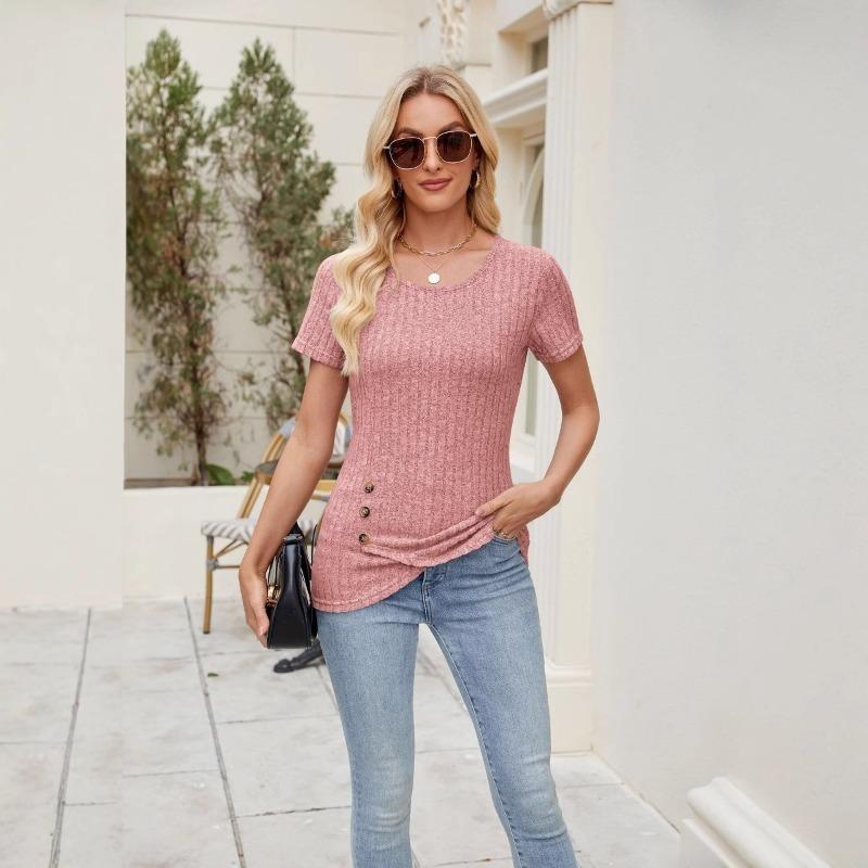 Top de damă nou, culoare uni, cu gât rotund, la modă, cu nasturi și volane la mânecile scurte