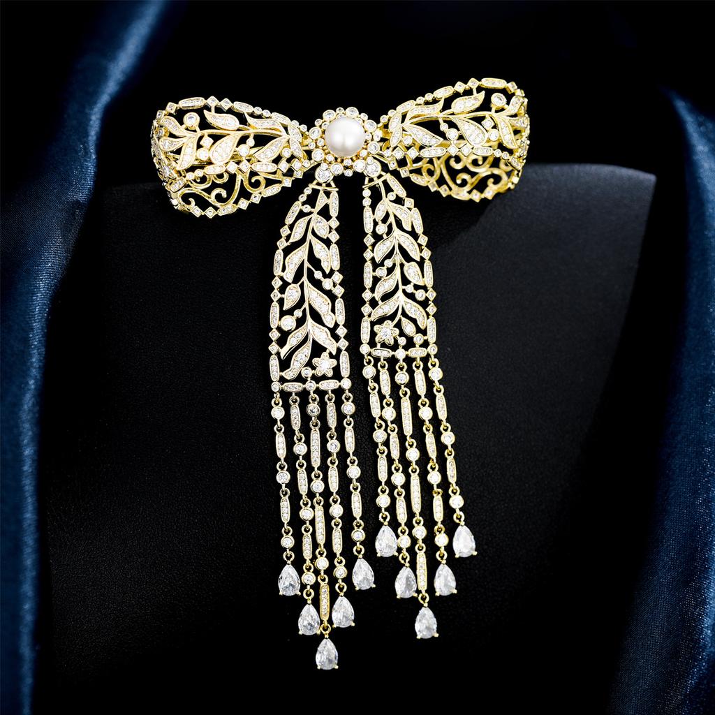 Luxury Tassel Brooch Jewelry Natural Freshwater Pearl Inspired Designer Zirconia Full Paved Bowknot Brooch