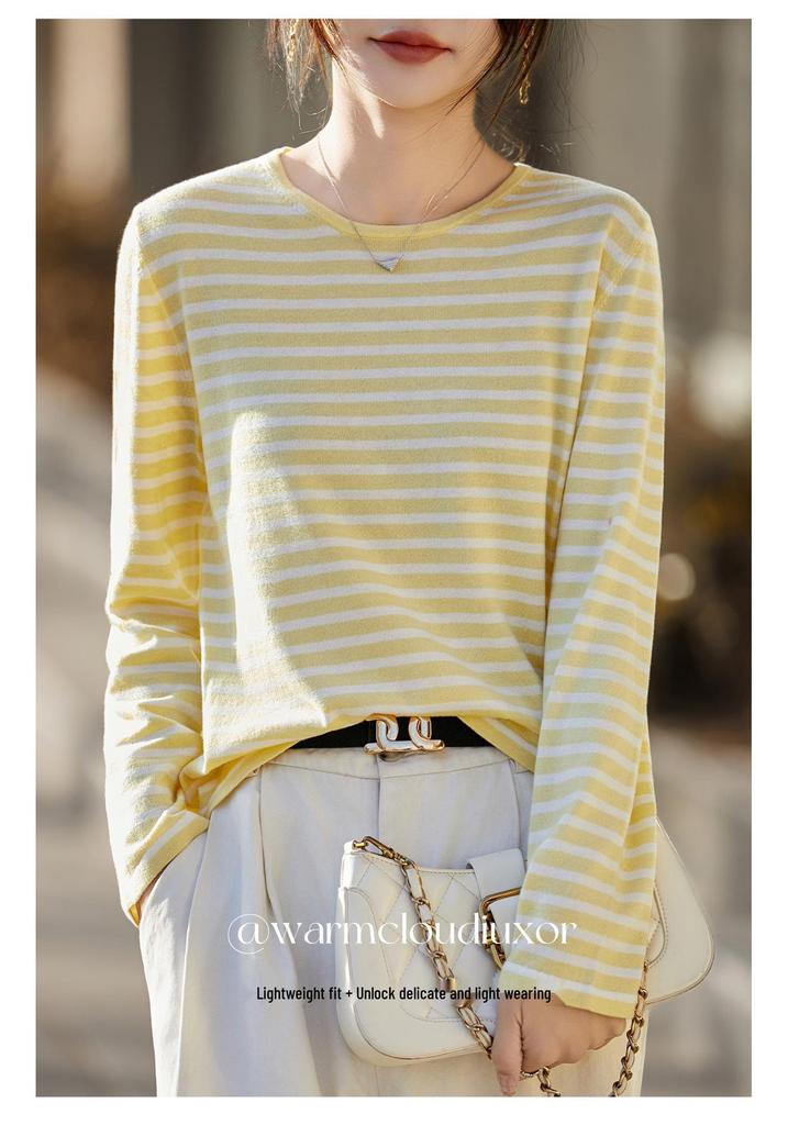 Women's French Retro Stripe Knitwear: Long Sleeve Round Neck Thin Wool Autumn Shirt