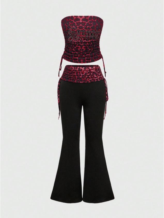 American Autumn Leopard Patchwork Y2K One-shoulder Strapless Backless Tank Top & Pants Set