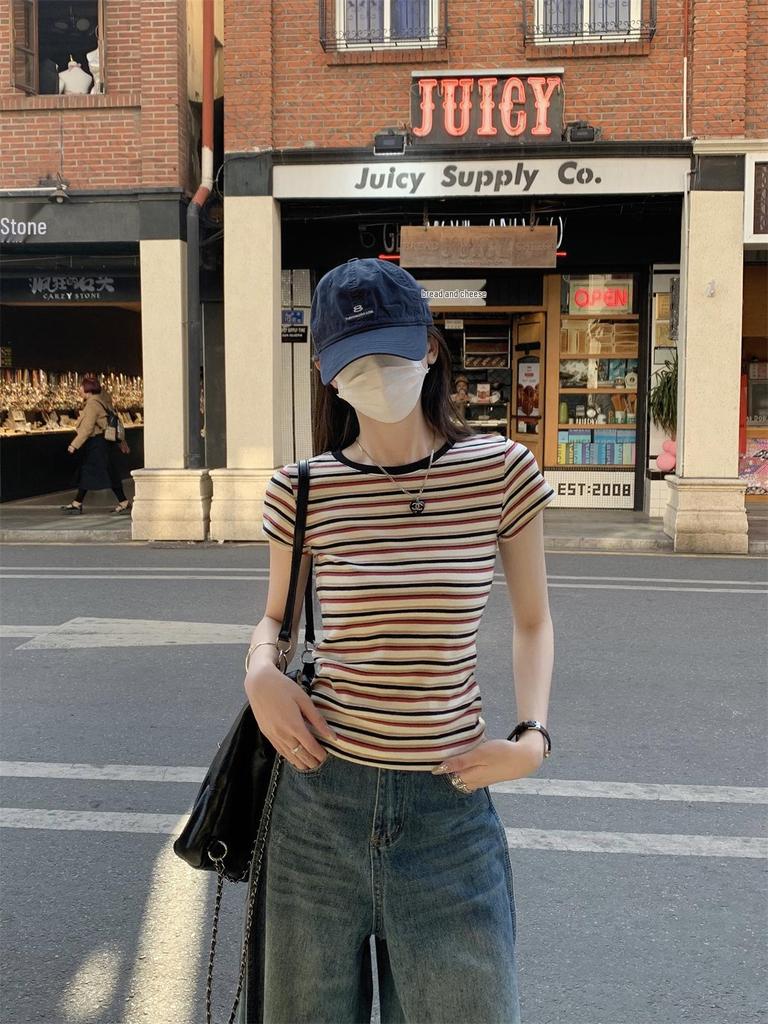 Women's Summer 2025 Popular Striped Short Sleeve T-shirt | Unique & Stylish Straight Shoulder Design