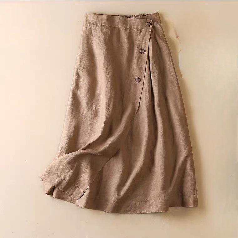 Women's Summer Casual A-Line Skirt Cotton Linen Mid Length Elastic Waist Flared Skirt