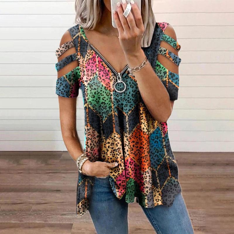 2023 European & American Women's V-Neck Zipper Floral Short-Sleeve Loose T-Shirt