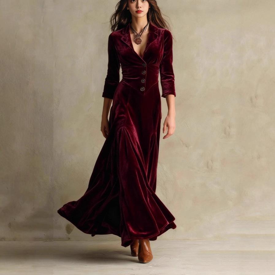 

Жіноча оксамитова міді-сукня з V-подібним вирізом, довгими рукавами та подолом-риб ячий хвіст M бордовий