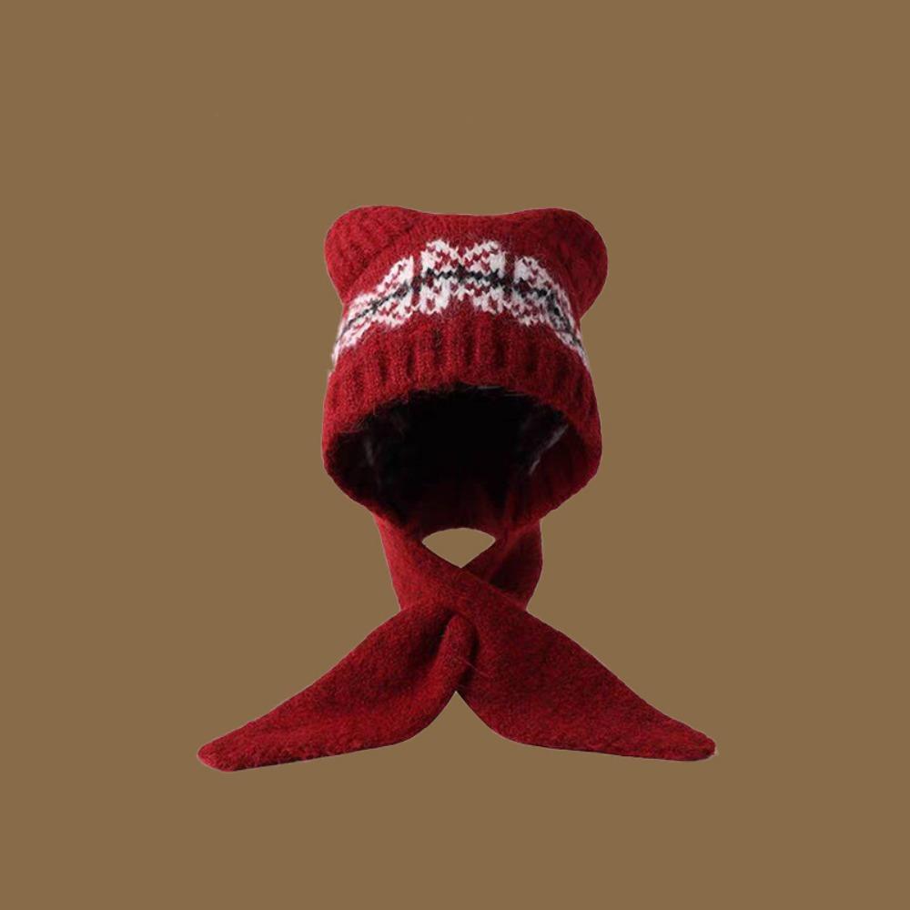 

Fleece-lined Jacquard Knitted Hat Fair Isle Style Knitted Hat Scarf Set Printing Knit Cap Girls красный