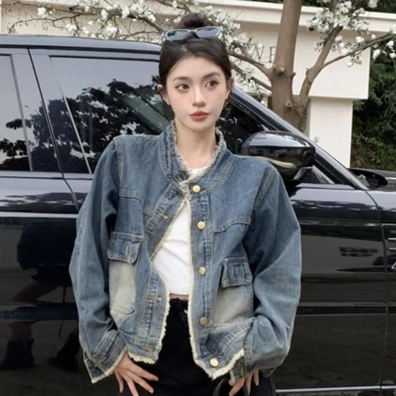 

Denim Jacket Design Spring and Autumn New Style Round Neck Raw Edge Retro Washed Loose Top Jacket for Women 2XL синій