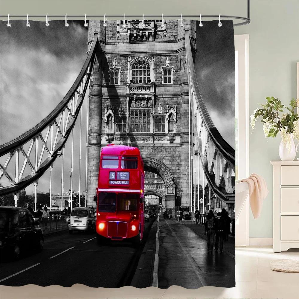 Zasłona prysznicowa Pejzaż nocny Nowego Jorku Miasto Most Budynek Zasłony do kąpieli 3D Retro Czarno-białe zdjęcie Dekoracje łazienkowe Zasłona