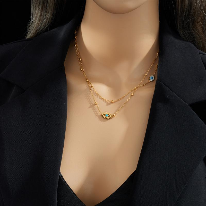 Gold Plated Stainless Steel Evil Eye Double Layer Satellite Chain Necklace for Women
