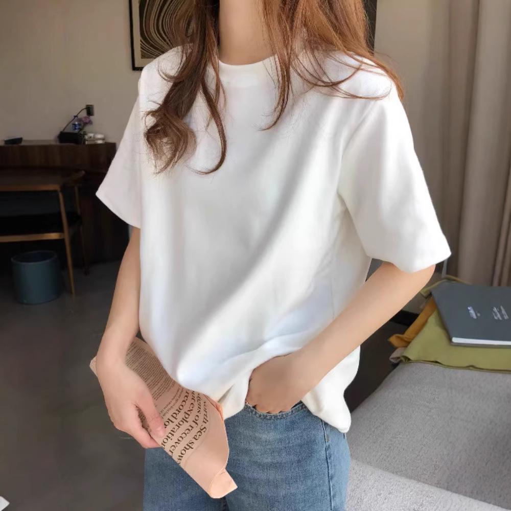 

Women s Slim Fit Korean Style White Cotton Half-Sleeve T-Shirt, Round Neck Basic Top - Spring/Summer Trend L (50-60kg)