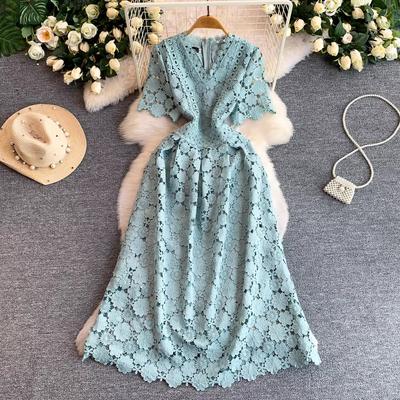 Summer Formal Evening Dress Women Hollow Out Crochet Lace Embroidery Party Long Dresses Female Short Sleeve Midi Dress