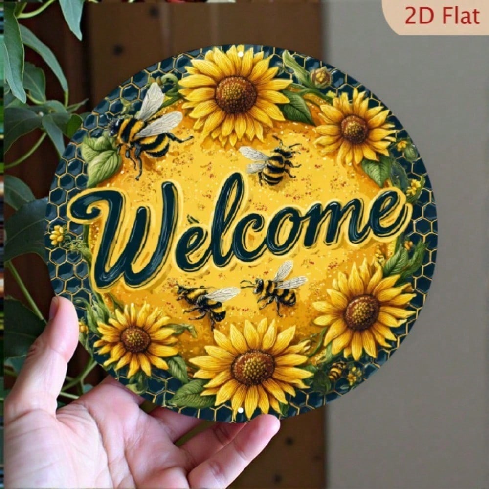 1pc Vintage Metal Welcome Wreath Sign with Bees & Sunflowers, 20cm Round Wall Decor, UV Scratch Resistant
