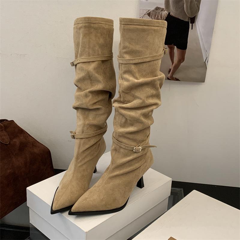 Rich and noble with pointed high-heeled boots, khaki long knight boots, women's autumn and winter 2025 new with coat high boots