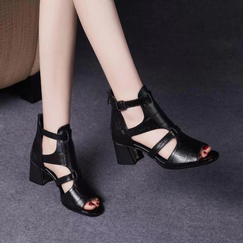 New Thick Heel Fish Mouth Bag Heel Women's Shoes for Outerwear Fashion Hollow Zipper Shoes