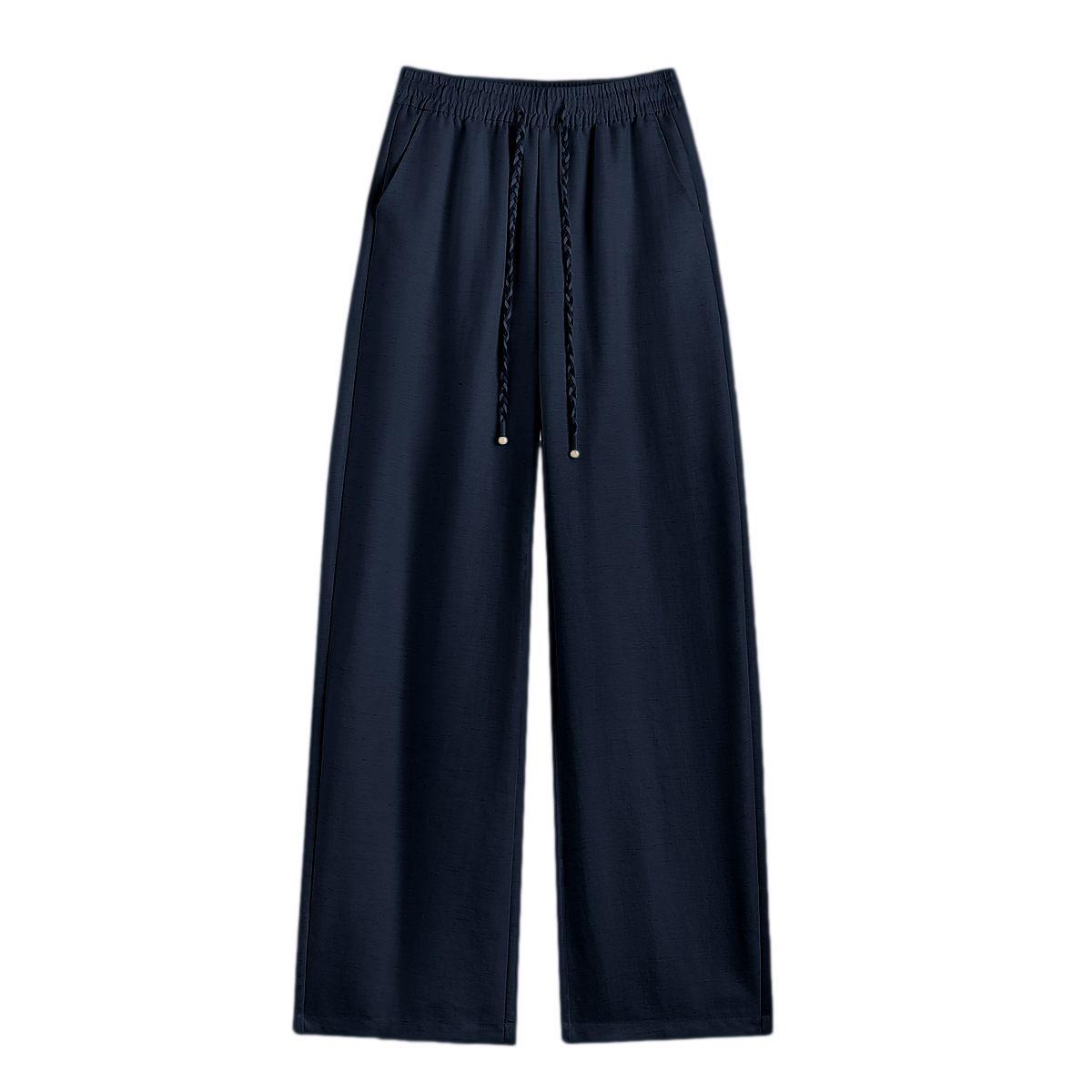 Linen Tencel Elastic Waist Drawstring Wide-Leg Summer Pants Large