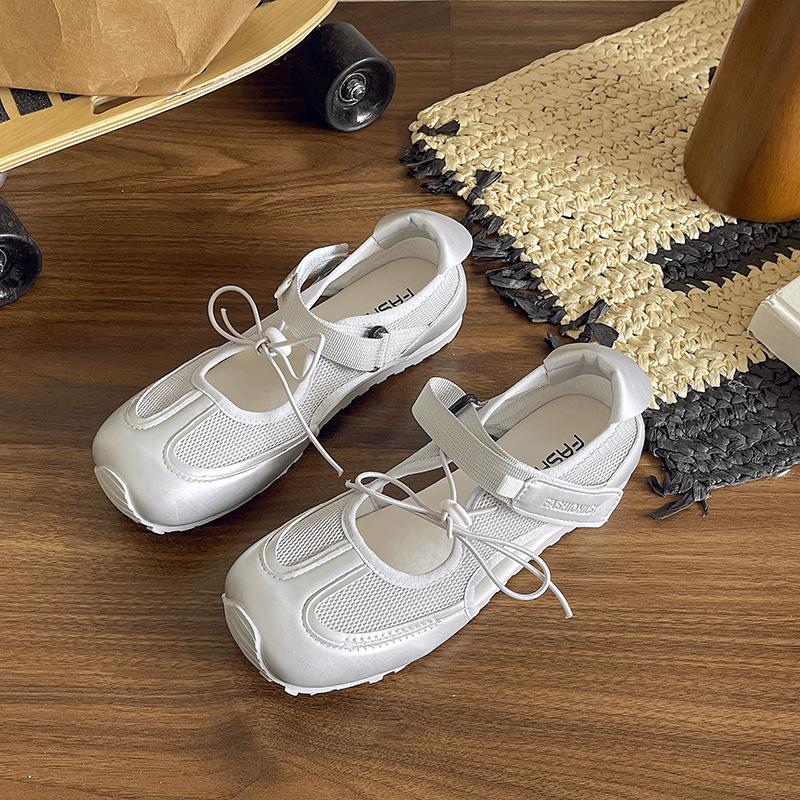 Soft leather version~ Sports Mary Jane shoes women's head color matching hollow Velcro summer casual ballet functional shoes