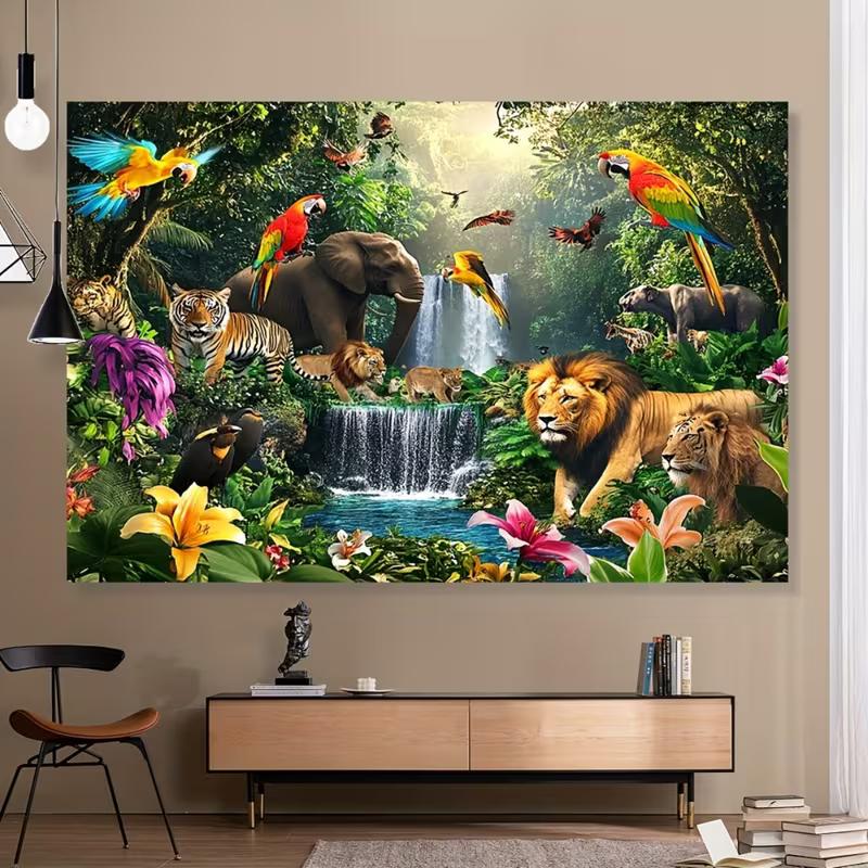 Arazzo 2D Fauna della Foresta Pluviale Tropicale Tessuto di Sfondo Animale Selvatico Leone Tigre per Festa