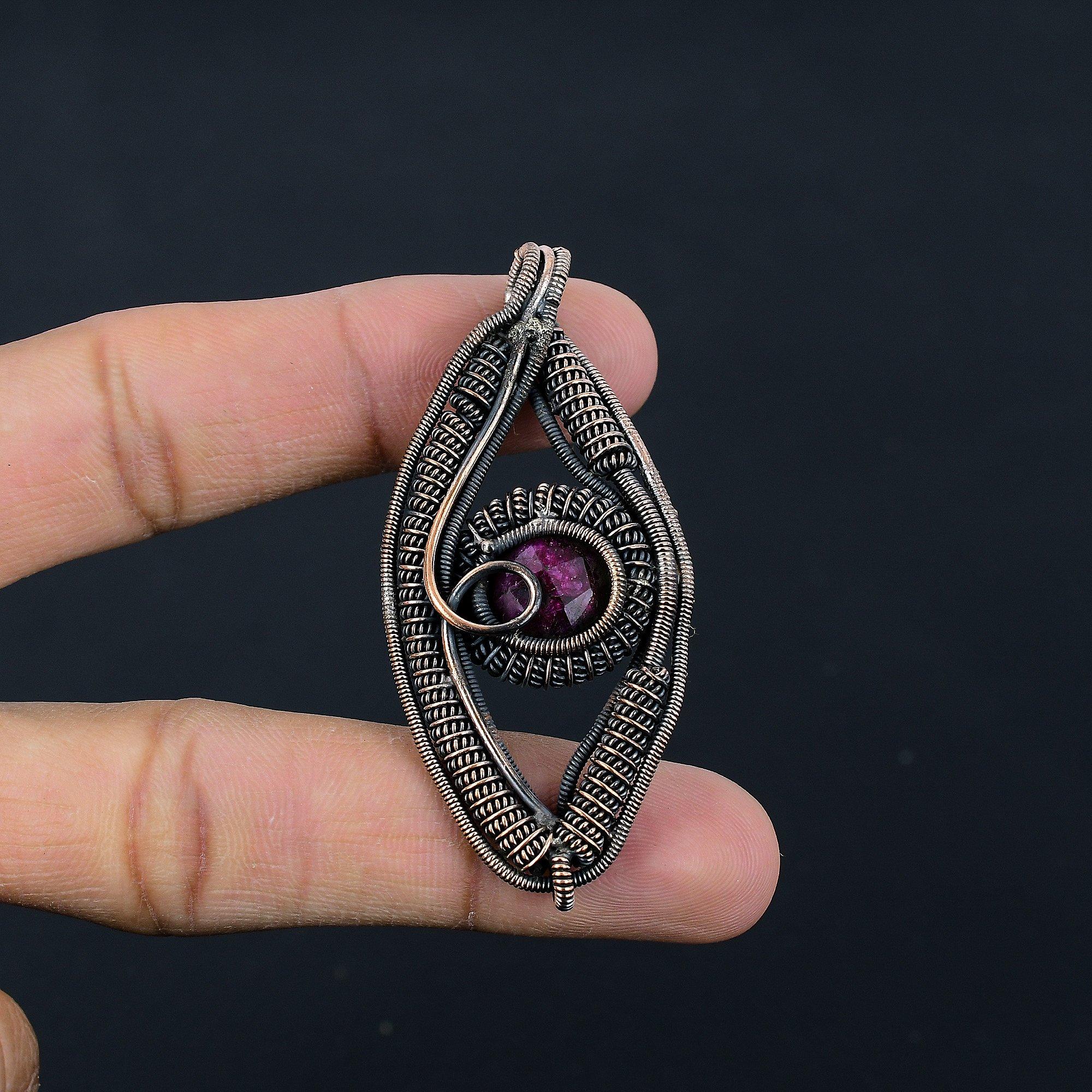 

Ruby Pendant Gemstone Jewelry, 999 Copper Wire Wrapped Handmade Eye Pendant, Latest Design Jewelry 2.55 Inches