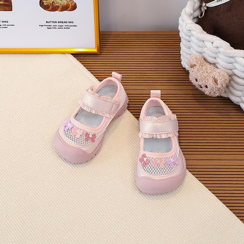 Girls Mary Jane Mesh Shoes Casual Shoes Kids Breathable Ruffle Flats Children Butterfly Decor Shoes Non-slip Kids Sandals 25(Inner 15.2cm) розовый