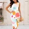Women Plus Size Round Neck Sleeveless Colorful Printed Bodycon Midi Dress