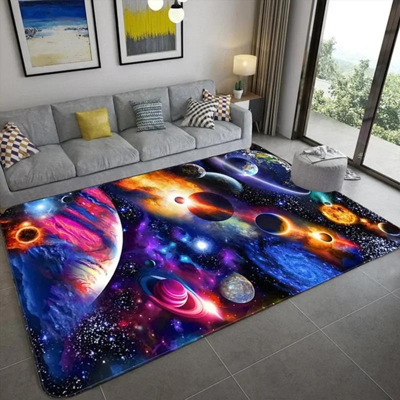 Cartoon Cute Space Pattern Carpet Universe Planet Print Floor Mat For Living Room Non-slip Washable Bedroom Area Rug Home Decor