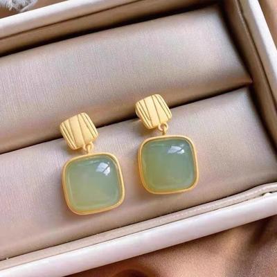 Exaggerated Imitation Jade Green Stone Square Drop Earrings For Women Jewelry Brincos Boho Gift