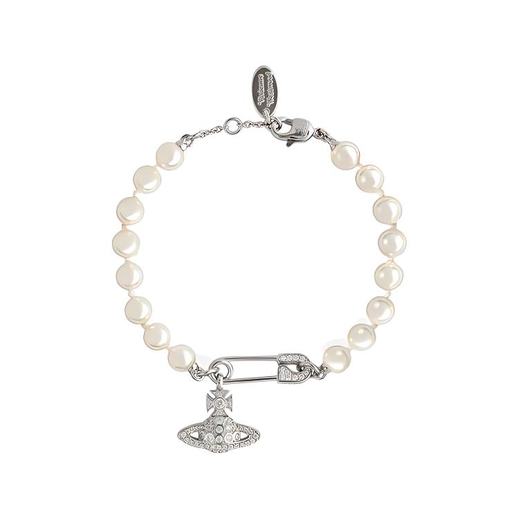 Vivienne Westwood Lucrece Safety Pin Pendant Pearl Zirconium Brass Bracelet Women bracelet Silver 6103005302P147P147 Box