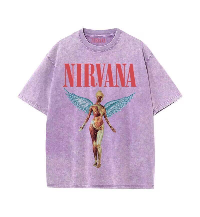 Nirvana Angel Graphic Vintage Washed T-Shirt, Retro Rock Band Oversized Cotton Tee, Streetwear Tops