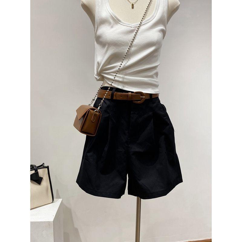 

@ Three-Color Bermuda Parka Shorts Women s Summer Thin Straight-leg Half Length Wide Leg A- line High Waist Middle Pants Black (with belt S
