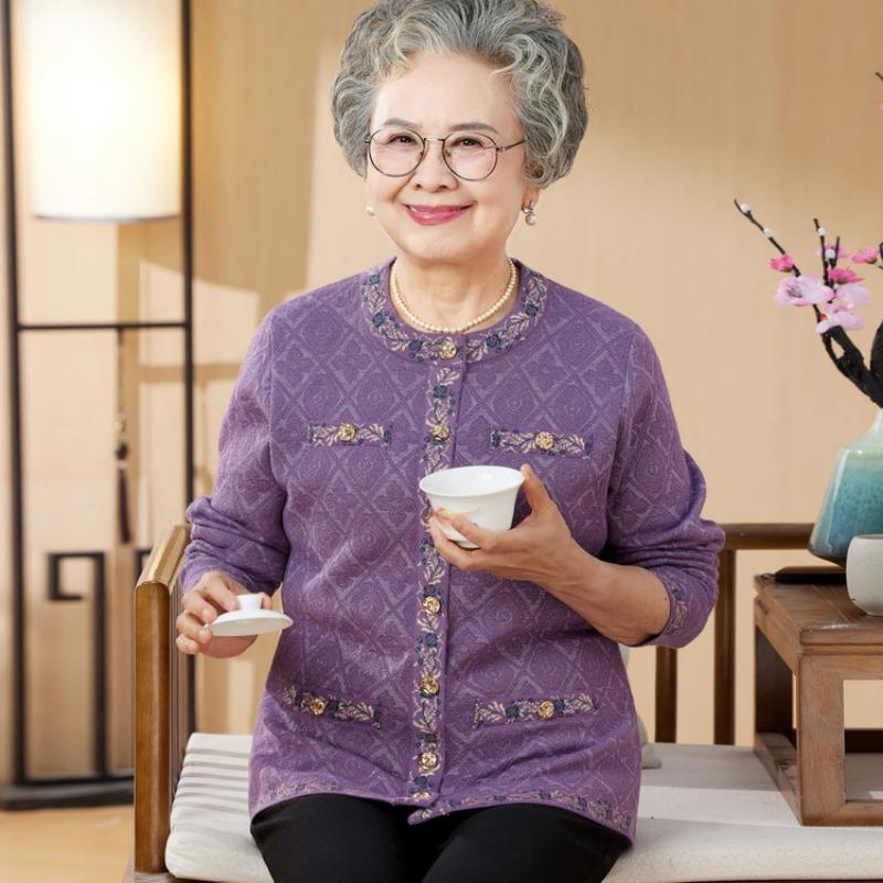 Middle-aged elderly thickened mother-in-law knitted old lady cardigan mother spring and autumn coat grandmother winter velvet sweater women