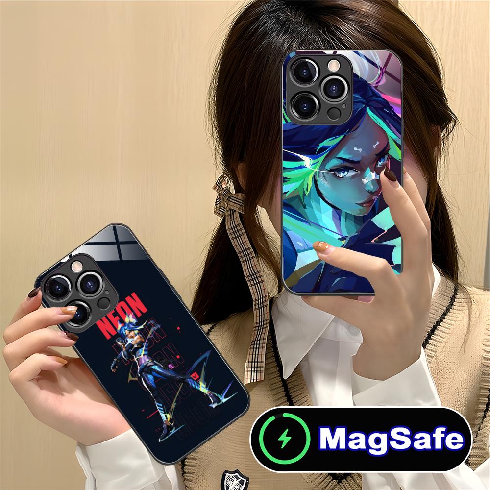 Valorant Neon Mobile Phone Case for iPhone 16 15 14 13 12 11 Pro Max Plus Mini MagSafe Glass Colour Protective Luxury Smartphone