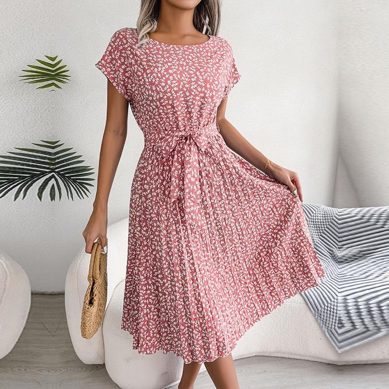 Spring Summer Women Short Sleeve Floral Pleated High Waist A Line Long Dress S-XL